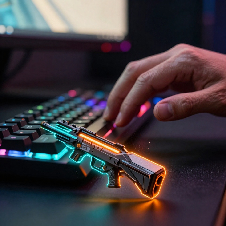 Руки геймера над клавиатурой с RGB подсветкой и светящийся кейс CS2 в кадре крупным планом
