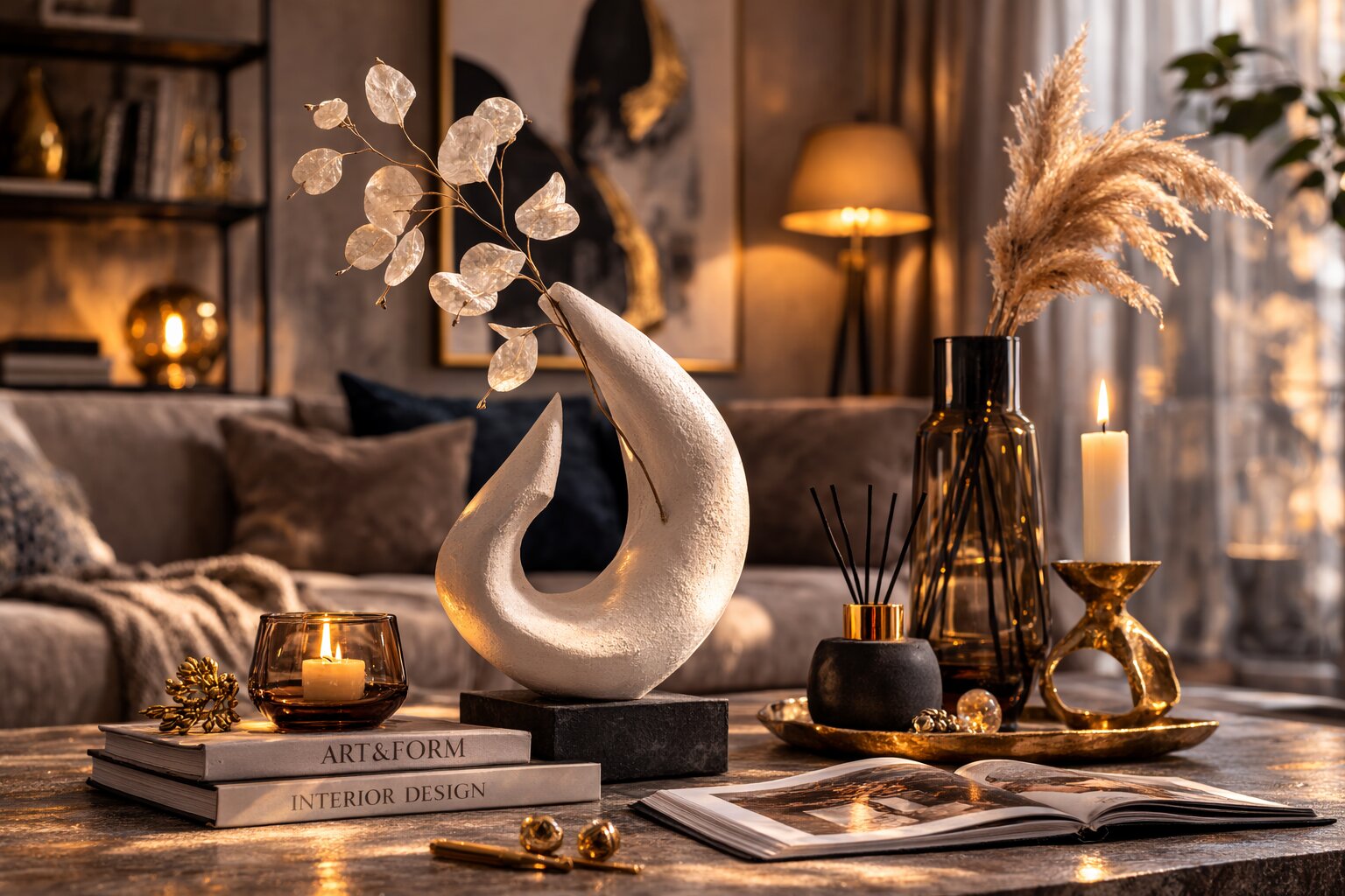 дизайнерская стеклянная ваза в современном интерьере