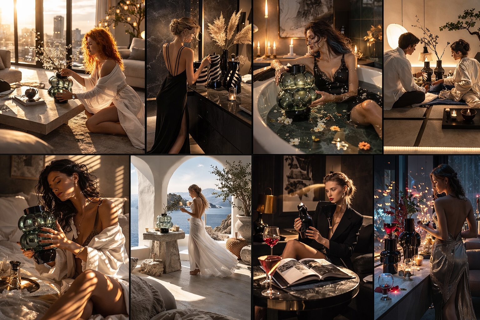 дизайнерская стеклянная ваза в современном интерьере — деталь композиции